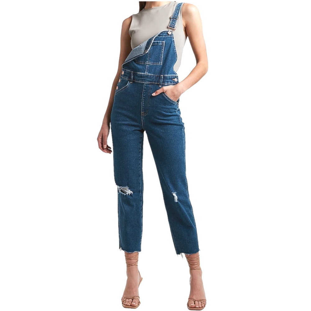 ℕ𝔼𝕎 Express Blue Wash Straight Leg Ripped Jean Overalls Jumper • Size (0) XS/S